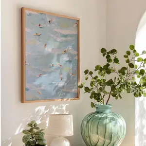 Aerial Surfers Art Print: Abstract Coastal Light Blue Ocean View With Mini Surfboards, Full Color Range, Find Your Perfect Shade