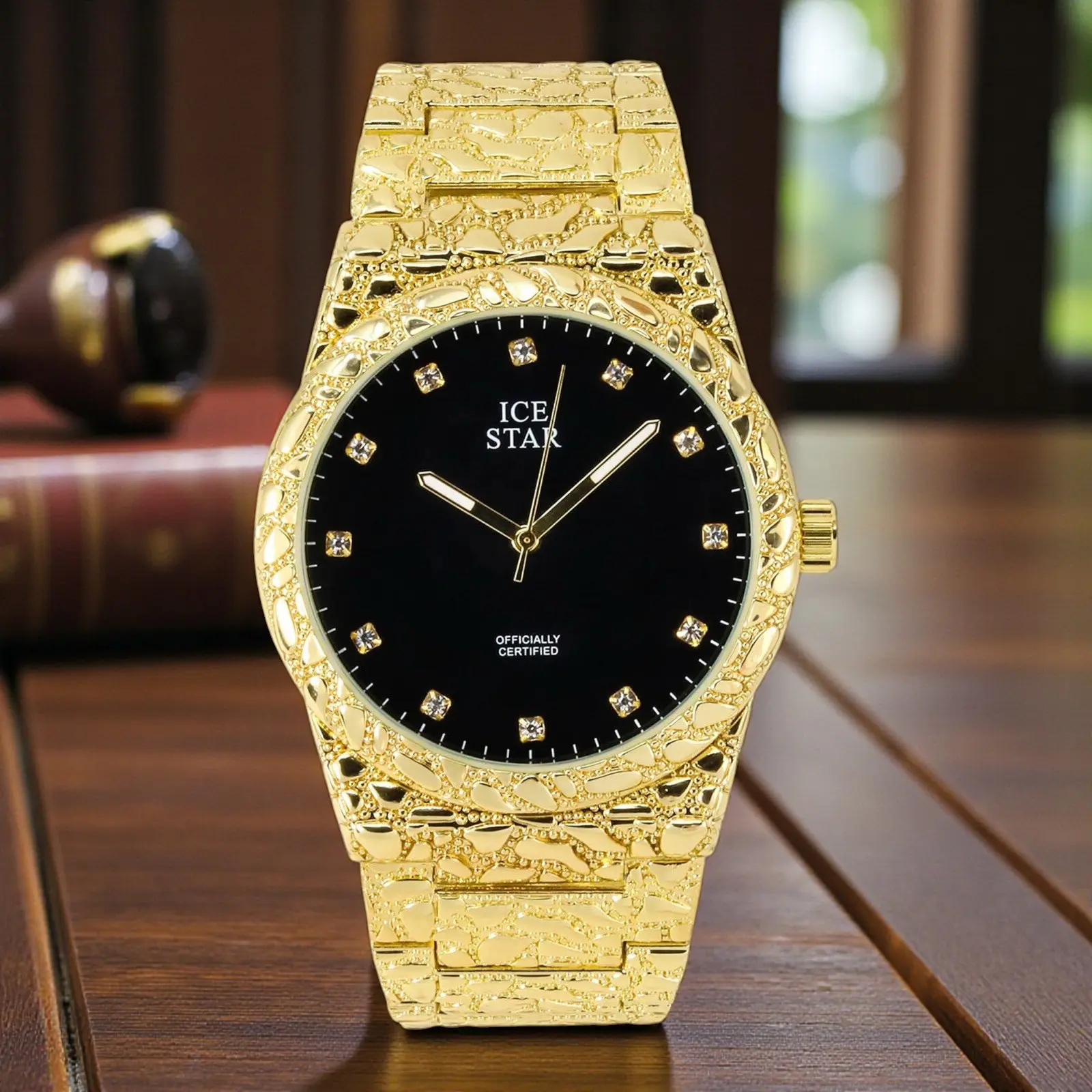 MaxBling81 Men's Hip Hop Watch, Gold Plated with Nugget Pattern, 43mm Round Analog Black Dial and Adjustable Bracelet, Quartz Movement, Round Dial Analog, Casual Wear, Nugget Bezel