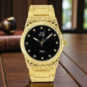 Men's Watch Luxury Urban Hip Hop Golden Nugget Bling Black Dial Wristwatch Bracelet Dress Analog Quartz Accessory