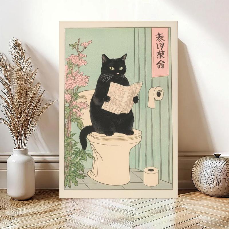 Japanese Black Cat on A Toilet Poster, Funny Bathroom Print, Toilet Poster, Japan Cat Wall Art, Aesthetic Minimalism, Neutral Japandi Print