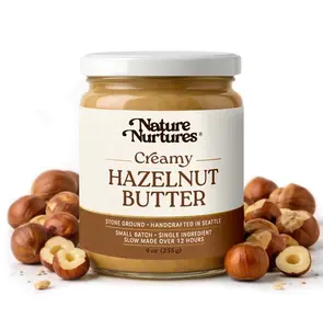 Creamy Hazelnut Butter · 100% Hazelnuts · Single Ingredient · No Fillers · Raw · Stone Ground for 12 Hours · Small Batch · Handcrafted in USA · High Protein · 100% Pure & Natural · No Added Sugar · No Palm Oil · Packed in Glass Jar · 9 oz (255 g)