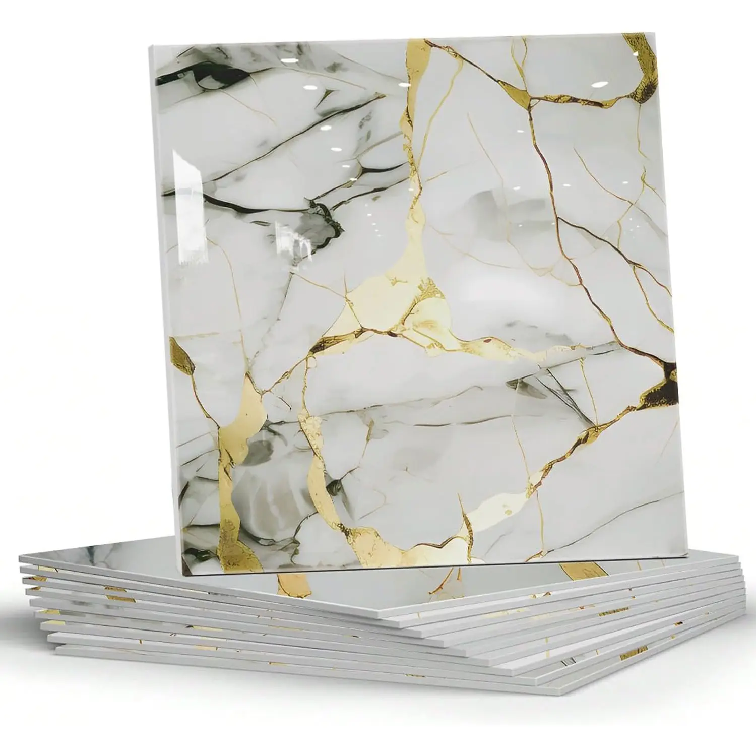 10/20 pieces of marble splash-proof tiles,30.48 cm x 30.48 cm waterproof PVC self-adhesive tile shower wall panels, Decoration Items, Home Decor, suitable for bathrooms, kitchens, and living rooms, Marble Tile Stickers (gold and white)