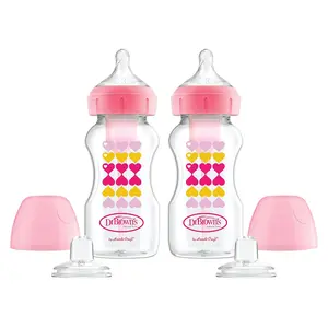 Dr. Brown’s Anti-Colic Options+ Wide-Neck Sippy Bottle Starter Kit, 9oz/270mL, with Level 3 Medium-Fast Flow Nipple and Soft 100% Silicone Sippy Spout, Pink, BPA Free, 6m+, 2 Pack