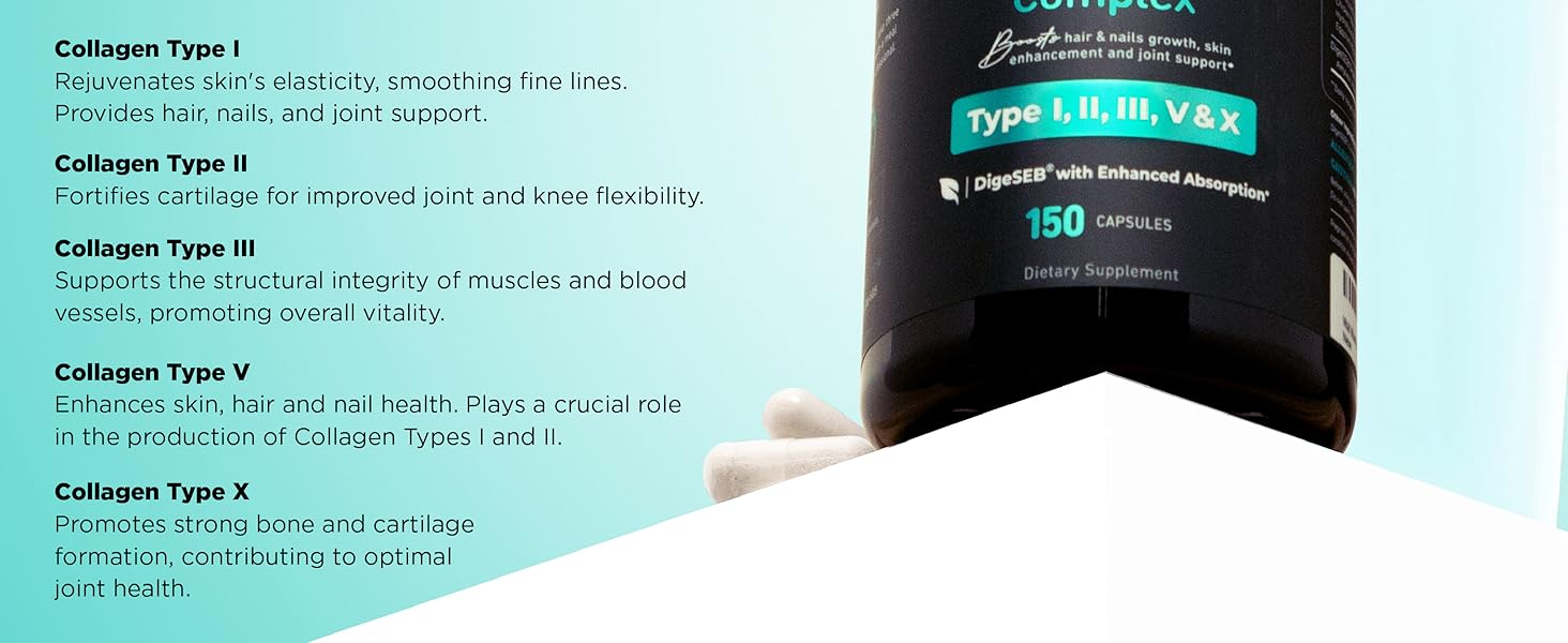 Multi Collagen Complex Dietary Supplement | 5 Types I, II, III, V, X | Grass-Fed Hydrolyzed Collagen Peptides for Healthy Hair, Skin, Nails, Joints & Gut Health | 150 Capsules Multi Collagen Complex Dietary Supplement | 5 Types I, II, III, V, X | Grass-Fed Hydrolyzed Collagen Peptides for Healthy Hair, Skin, Nails, Joints & Gut Health | 150 Capsules