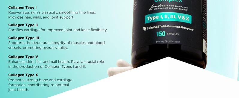 Multi Collagen Complex Dietary Supplement | 5 Types I, II, III, V, X | Grass-Fed Hydrolyzed Collagen Peptides for Healthy Hair, Skin, Nails, Joints & Gut Health | 150 Capsules