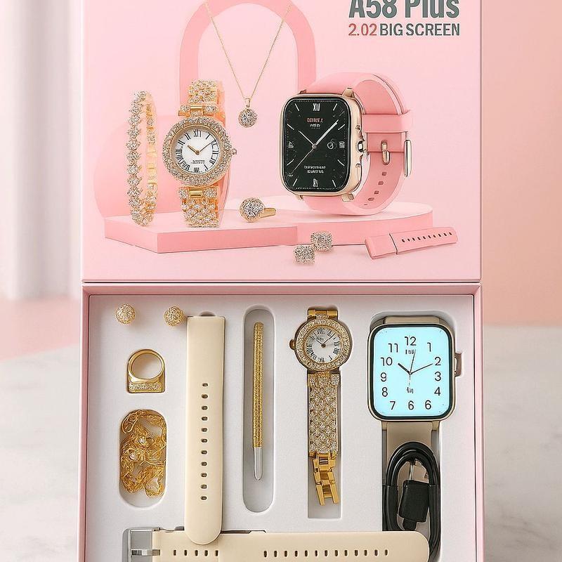 Fashion Gift A58 Plus Women's Luxury 8-In-1 Watch, 2 Bands Ring Earrings, Touchscreen Wearable Android Button Charging Chip Custom LCD Tracker Fashion Gift A58 Plus Women's Luxury 8-In-1 Watch, 2 Bands Ring Earrings, Touchscreen Wearable Android Button Charging Chip Custom LCD Tracker