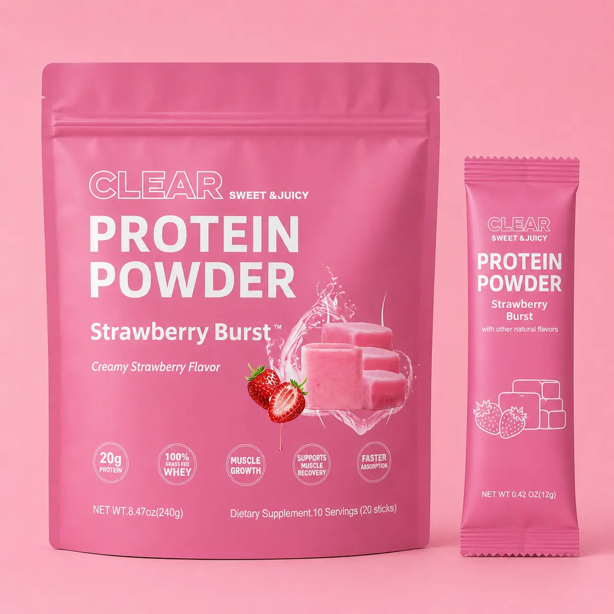 Strawberry Burst Clear Protein Powder with 20g Protein Per Serving, Grass-Fed Whey Isolate, Fast-Absorbing Muscle Recovery Drink Mix, Light Fruity Creamy Strawberry Flavor, 10 Servings