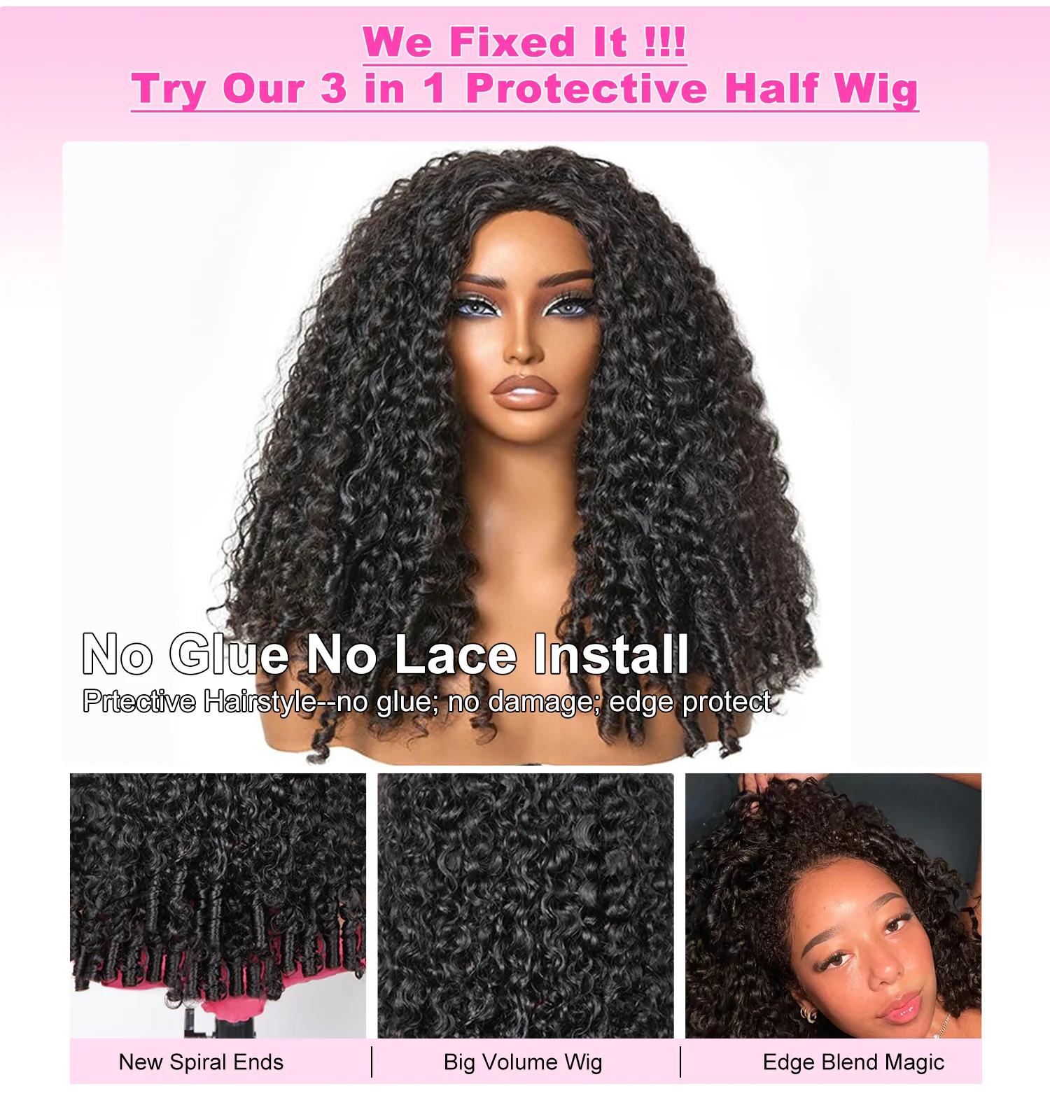 [Wear Go Half Wig] BGMgirl Burmese Curly Wear Go Spiral Curly Ends Half Wig Invisible Hairline Draw-string Cap Seamless Flip Over Locs Style Human Hair Wig Beginner Friendly Vacation Hair Updo Down Style TikTokShopBlackFriday