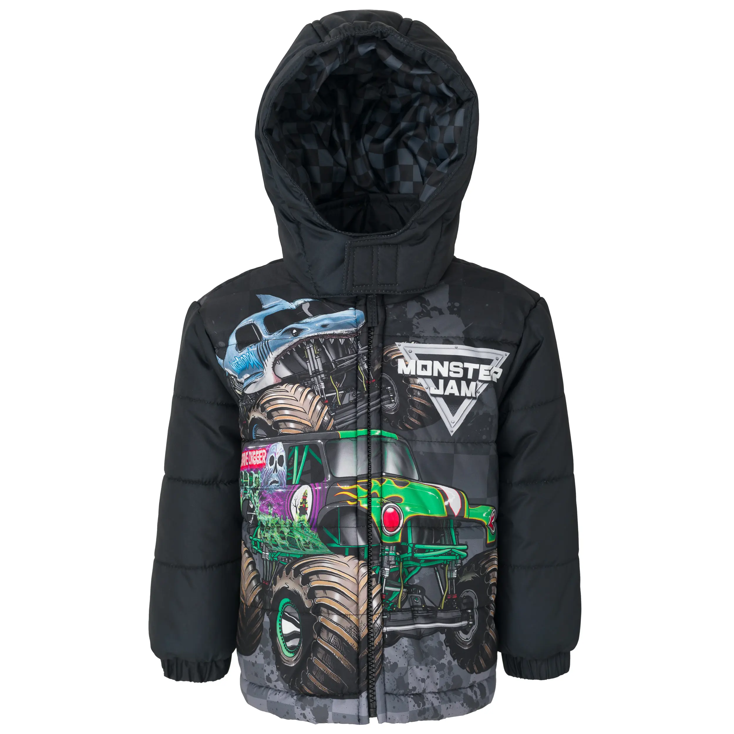 Monster Jam Boys' Hooded Puffer Jacket - Casual Coat, Hooded Look, Puffer Fabric, Truck Print, Zipper Front - Toddler to Big Kid