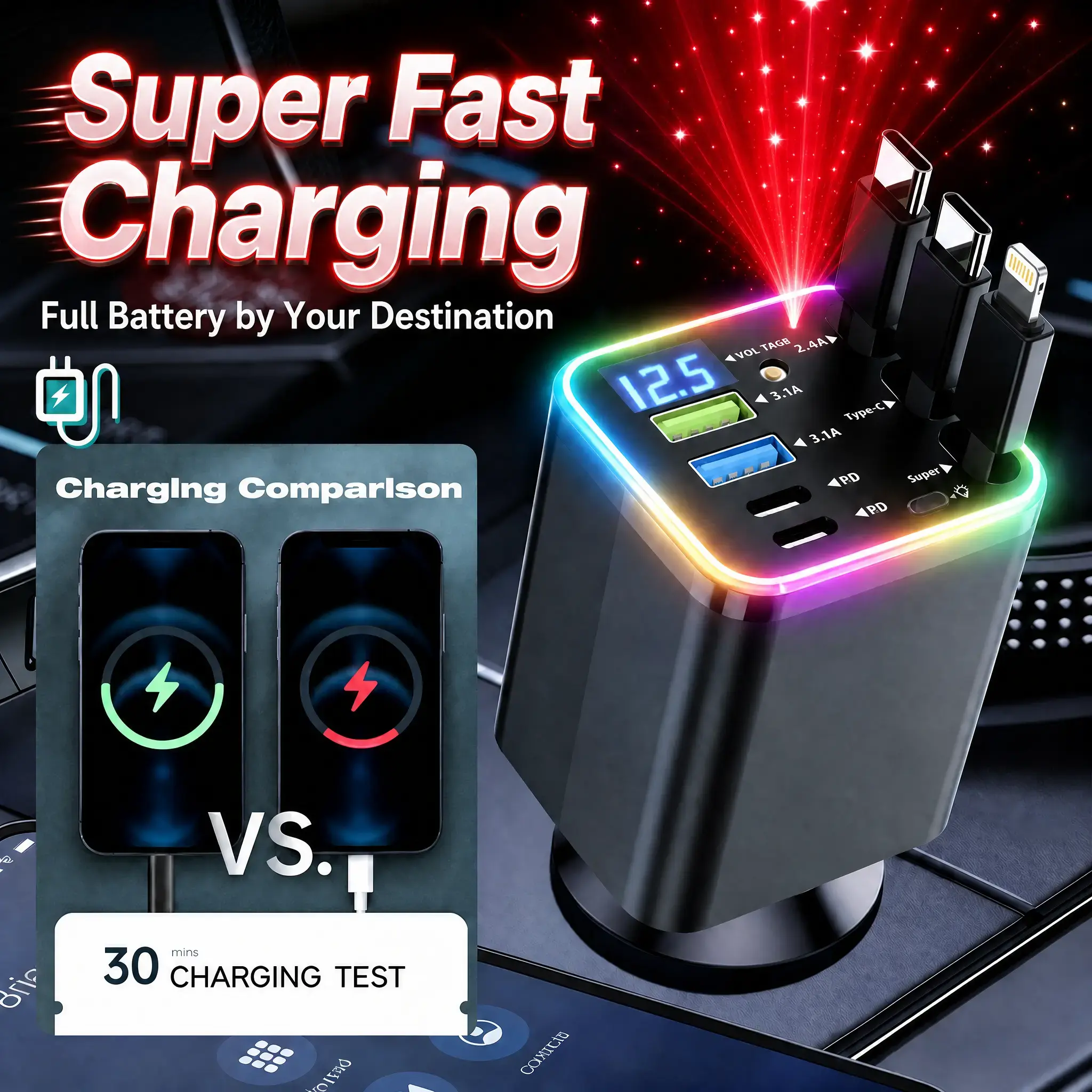 120W Max 7-in-1 Retractable Car Charger - Fast Charging Station with 3 Cables, Star Projector, LED Voltage Display | Premium Car Electronics USB Charger for iPhone, Android | Road Trip Gadget, Father’s Day Gift for Men