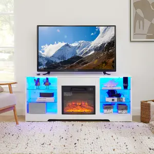 58 Inch Modern TV Stand with Electric Fireplace, LED Light Glass Shelves Entertainment Center, USB Outlets & Storage for TVs up to 65", Living Room TV Console in White