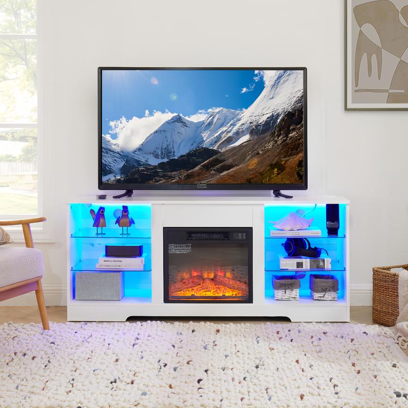 58 Inch Modern TV Stand with Electric Fireplace, LED Light Glass Shelves Entertainment Center, USB Outlets & Storage for TVs up to 65", Living Room TV Console in White