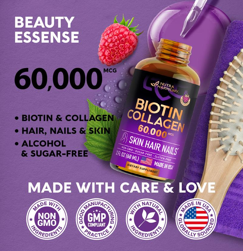 Liquid Biotin & Collagen Vitamins for Hair Growth Support for Women & Men - Extra Strength 60000 mcg Drops - B7 Supplement - Strong Nails & Healthy Skin - 98% Faster Absorption Than Pills Liquid Biotin & Collagen Vitamins for Hair Growth Support for Women & Men - Extra Strength 60000 mcg Drops - B7 Supplement - Strong Nails & Healthy Skin - 98% Faster Absorption Than Pills