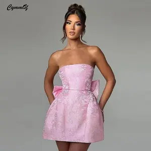 2025 Summer EU/US Women's Elegant Sexy Solid Color Jacquard Strapless Bow Dress |   Wholesale # BowKnotDress # StraplessGlam # Luxury Fashion