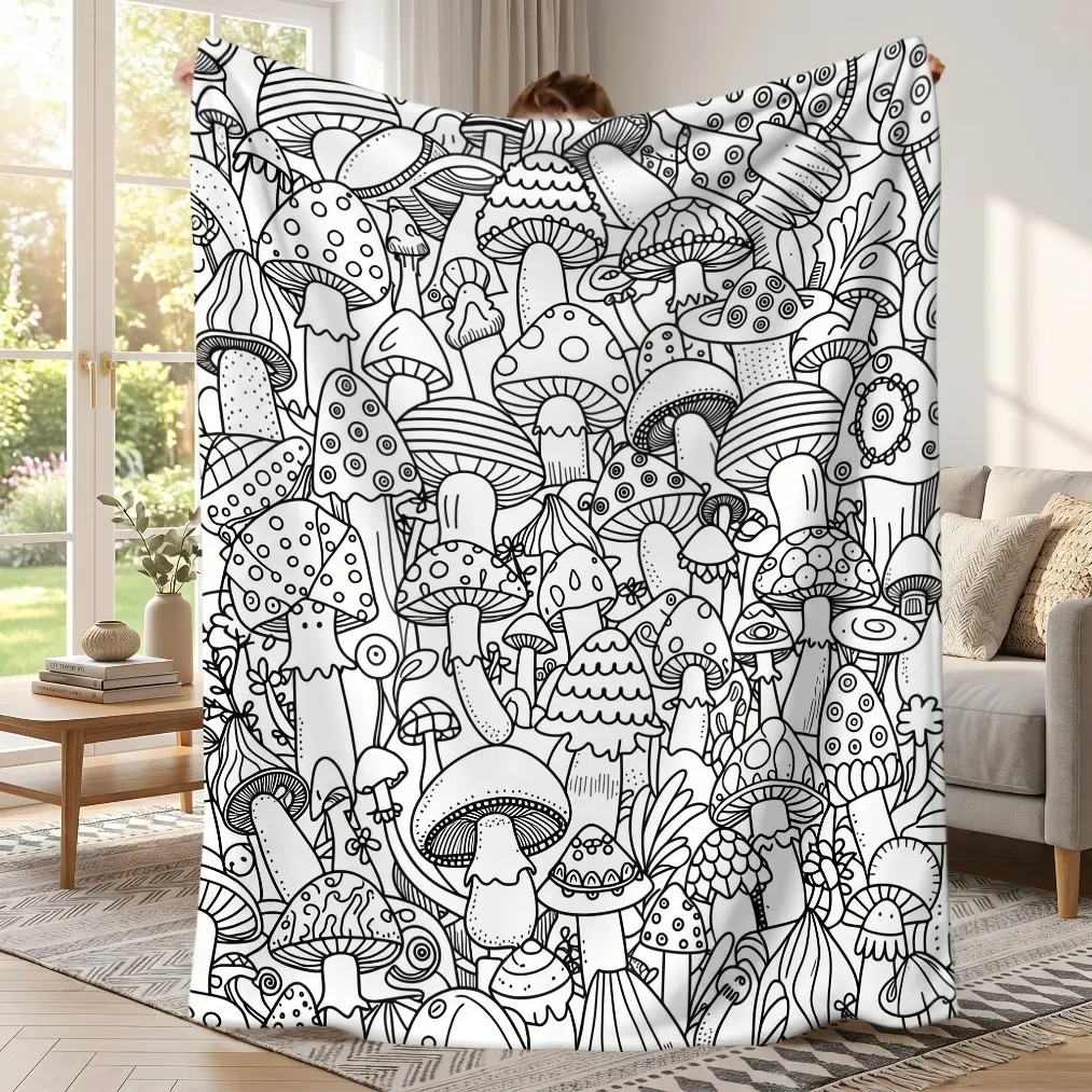 Mushroom Graffiti Coloring Blanket - 2D Flat Soft Plush Bed Sofa Throw, Cozy Bedding Artwork Cover, Soft Warm All-Season Option for Adults & Kids, Bed Sofa Blanket, Cozy Bedding Throw
