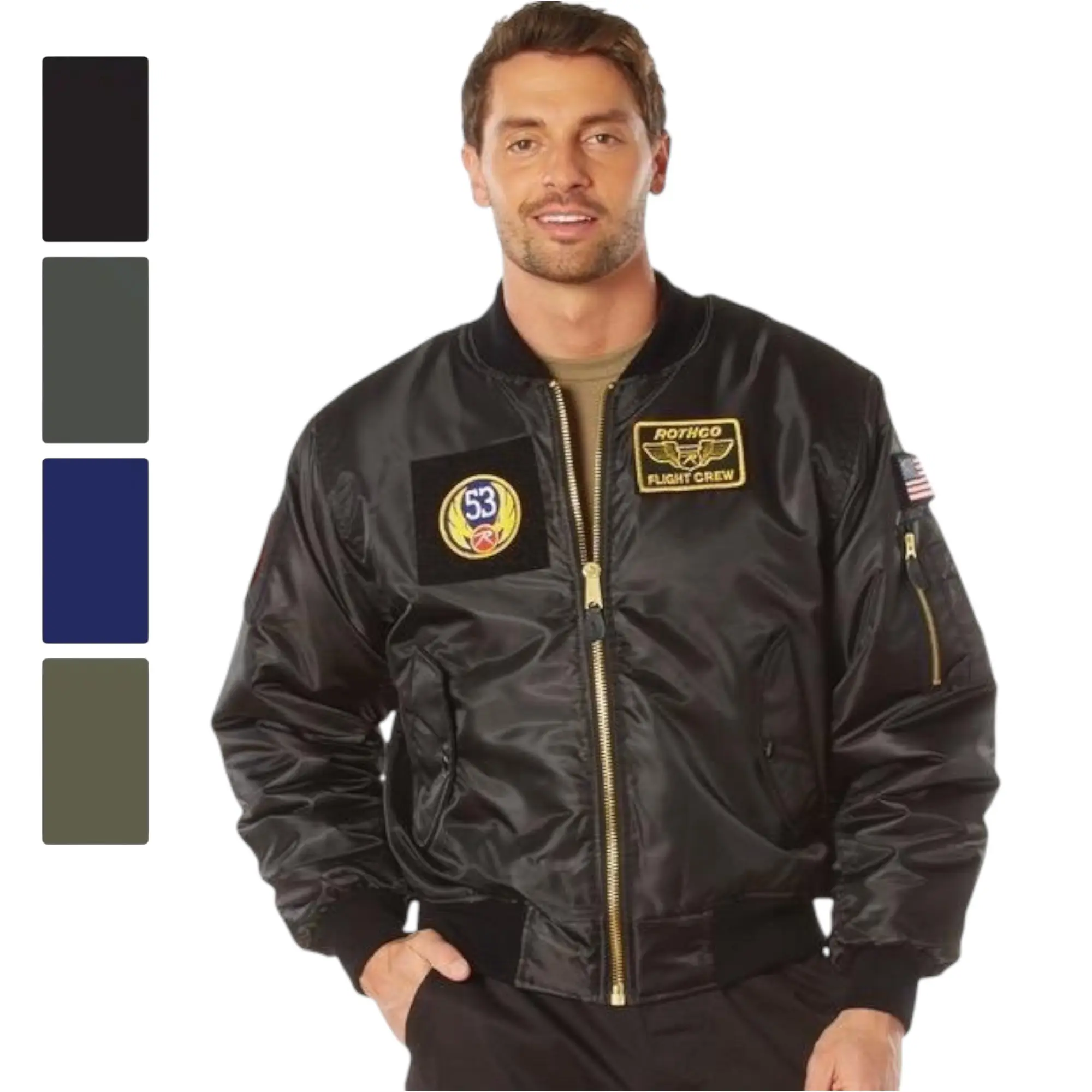 ROTHCO MA-1 Original Adult Men's Fitted Crew Neck Long-Sleeve Ribbed Knit Aviator Flight Jacket Coat - Nylon/Poly Shell, Brass Zipper, Pockets, Hook-and-Loop Morale Patches, Graphic, Water-Resistant, Polyester Fiberfill Insulation (Multiple Colors)