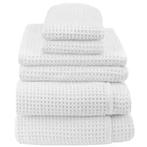 S&T INC. Aura Towel Set, 6 Piece Set, Premium Waffle Weave, Bath Towels, Wash Cloths and Hand Towels for Bathroom, Kitchen, and Home, Absorbent and Fast Drying Microfiber, 420gsm, 6 Pack, White