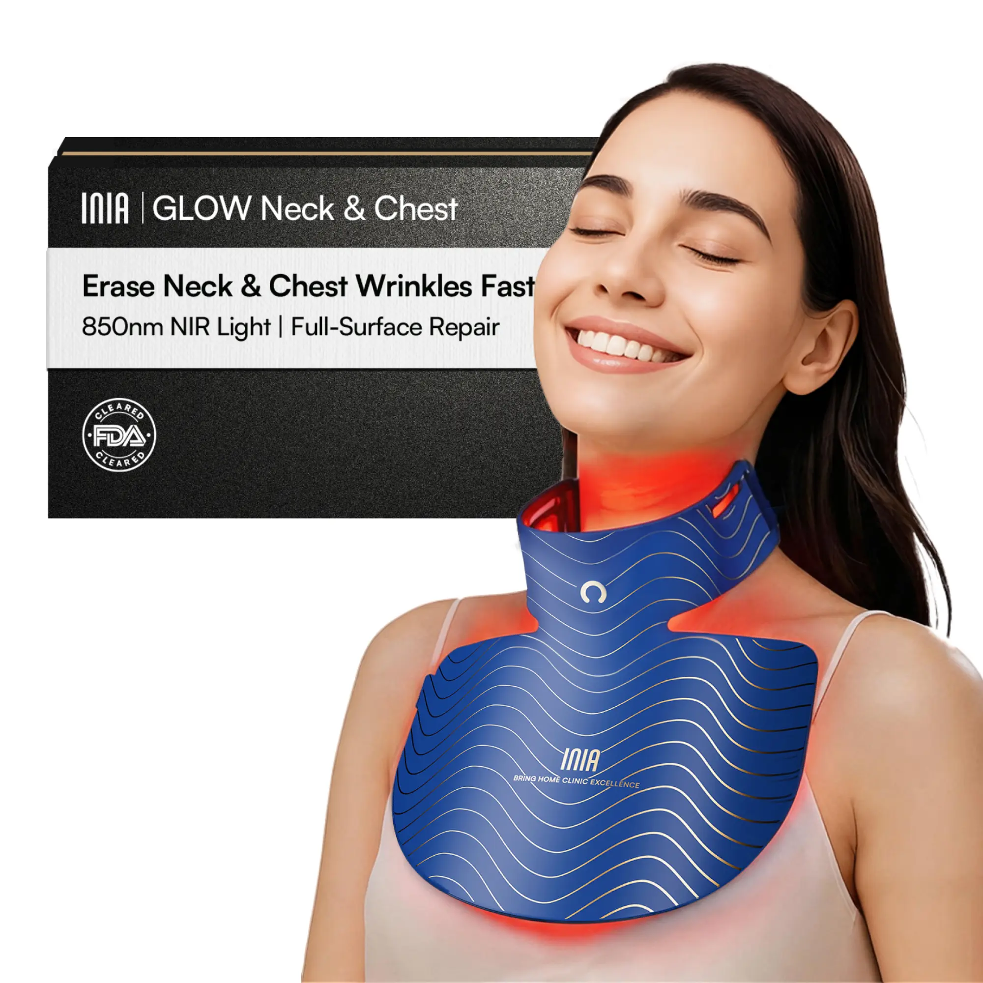 [New Color Drop] INIA GLOW Neck & Chest Red Light Mask – 850nm NIR LED Mask for Wrinkle & Spot Reduction, Lift & Firm in 4 Weeks, Rechargeable 2600mAh Controller, Clinic-Grade Full Coverage, Summer Beauty Gift Ideas