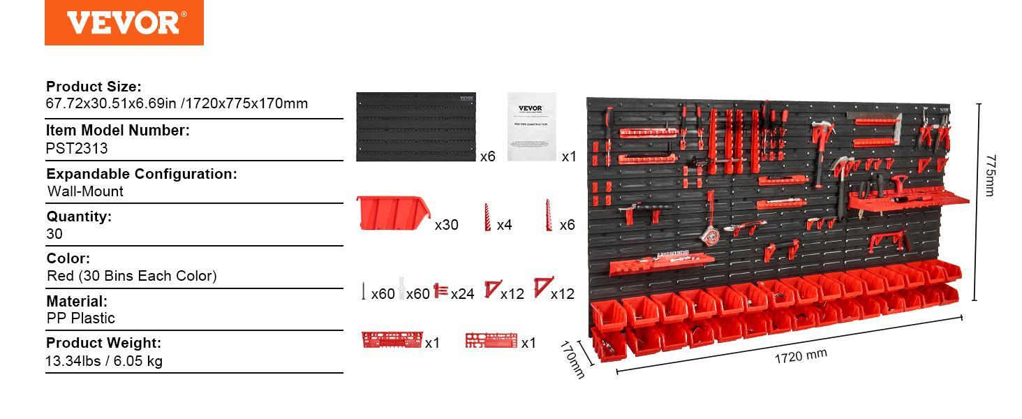 【Spotlight Day】VEVOR Wall Mounted Storage Bins, 30-Bin Parts Rack Organizer Garage Plastic Shop Tool with Wall Panels/Tool Holders/Hooks, Tool Organizer for Nuts, Bolts, Screws, Nails, Beads, Buttons