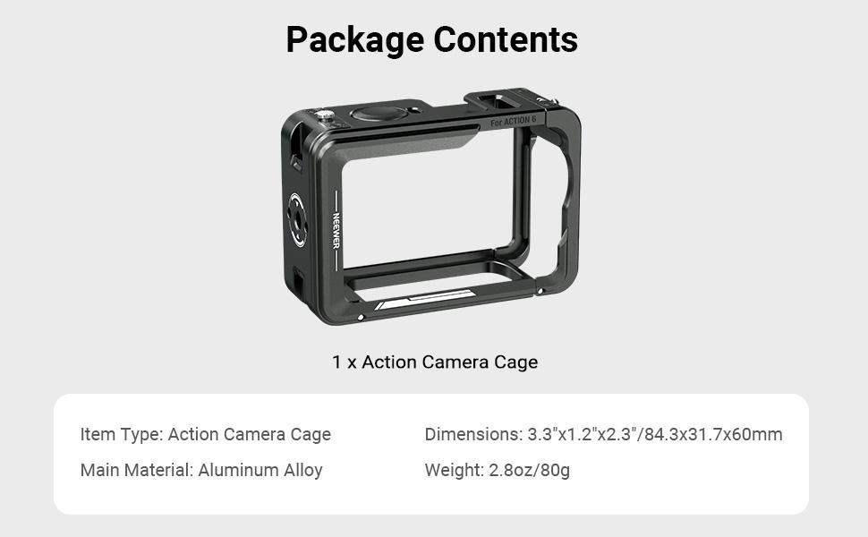 NEEWER AC054 Action Camera Cage for DJI Osmo Action 6, Aluminum Protective Frame with Cold Shoe Mount & 1/4" Thread for Vlog, Photography & Video Recording