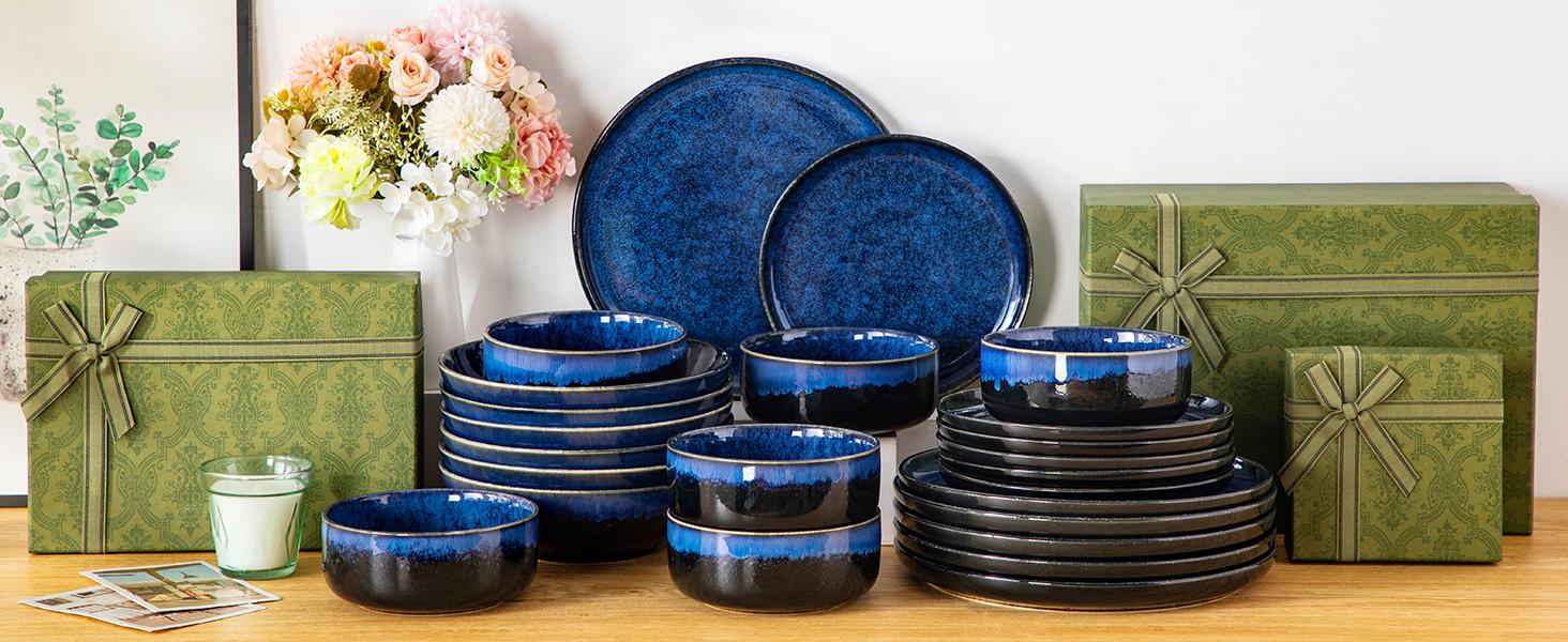 Vancasso Starry Lipped-Edge Piece Dinnerware Set, Reactive Glaze Plates & Bowls Set, Stoneware Set, Dishwasher, Microwave Safe, Cutlery Tableware set, Includes Dinner Plates, Dessert Plates, Soup Plates and Cereal Bowls