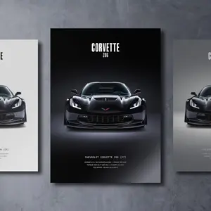 Chevrolet Corvette C7 Z06 Supercharged Front View Supercar, American Track Performance Enthusiast Garage Decor, Poster or Wall Art, Dramatic Black Spotlight Bold Headlight Specs Aggressive Layout, chevrolet corvette,