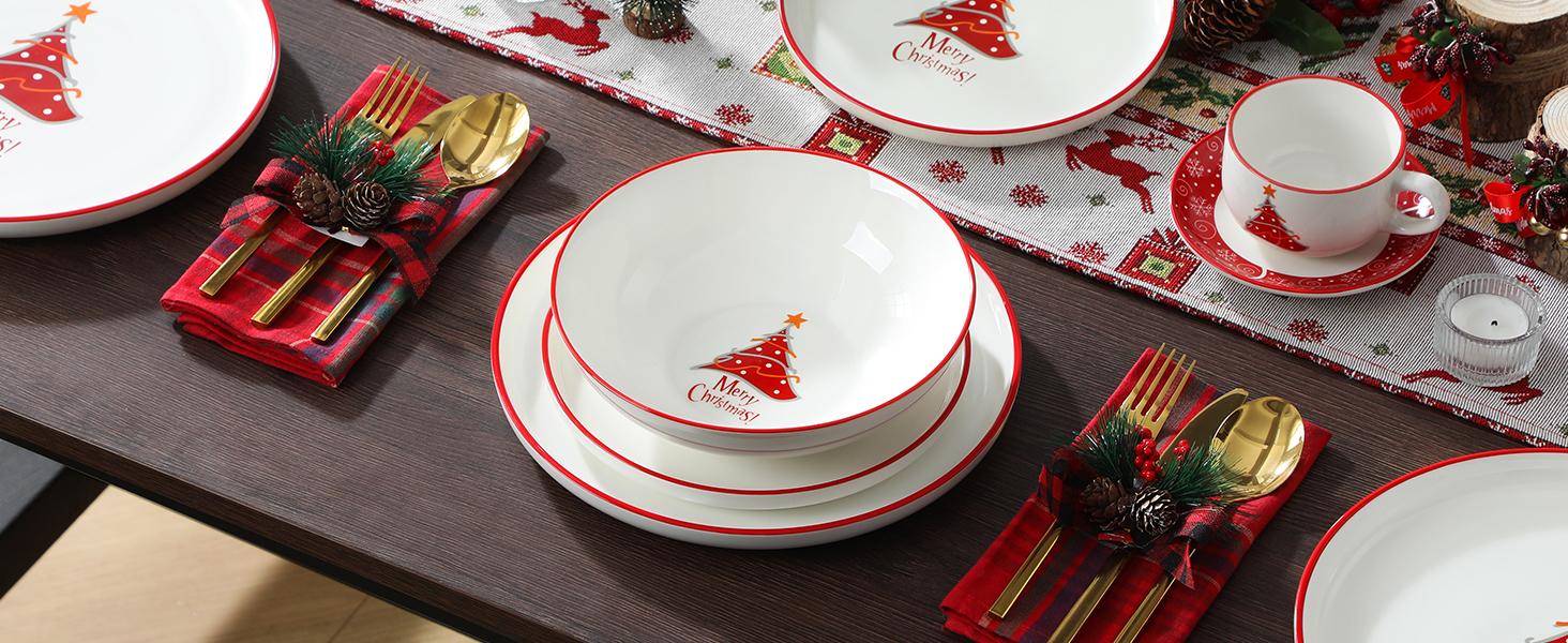 MALACASA Santa Claus / Christmas Tree 30-Piece Dinnerware Set (Service for 6) - New and Improved- Fine Earthenware Holiday Dinner Set - Microwave & Dishwasher Safe Winter Holiday