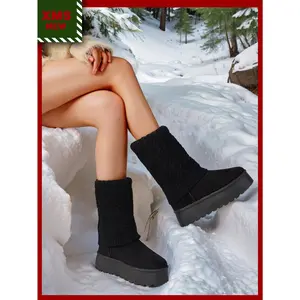 2024 New Womens Winter Snow Boots Platform Mid-Calf Outdoor Boots Furry Warm Tall Boot Fashion Suede Boots