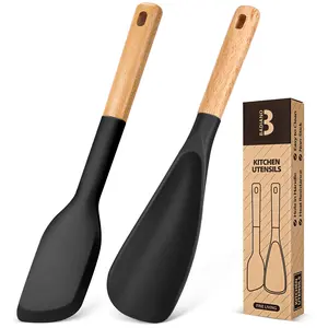 Cooking Spoon and Scraper for Nonstick Cookwares, Great for Cooking and Serving Durable BPA-Free Matte Silicone, Wood Handle Multifunction Spoon for Mixing, Scoop, and Scrape