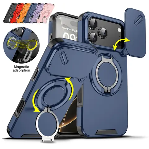 Case with Slide Camera Cover for iPhone 18 Pro Max 17 16 15 14 13 12 Pro Max 17 Air, Rotated Ring Kickstand Military Grade Shockproof Protective Cover Rugged Heavy Duty for Men Women