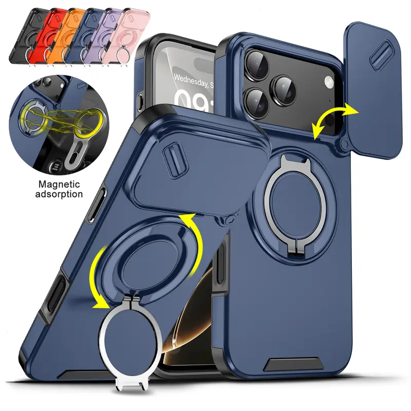 Case with Slide Camera Cover for iPhone 18 Pro Max 17 16 15 14 13 12 Pro Max 17 Air, Rotated Ring Kickstand Military Grade Shockproof Protective Cover Rugged Heavy Duty for Men Women