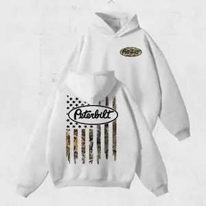 Peterbilt Camo Flag Hoodie – 2-Sided Graphic Pullover for Truckers, Bold Hunting Camo American Flag Hoodie, Peterbilt Logo Gear for Men and Women, Sweatshirt and T-shirt