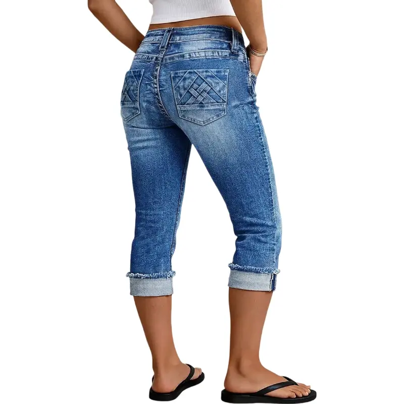 Flamingals Roll & Raw Hem Criss Cross Mid Waist Straight Leg Capri Jeans Stretchy 19.9'' Inseam