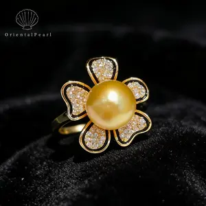 Ring04-SSG Natural Gold Seawater Pearl Ring with Sterling Silver Accessory Adjustable Size Ring Flower Setting Ring Good Luster Rich Gold Pearl Ring