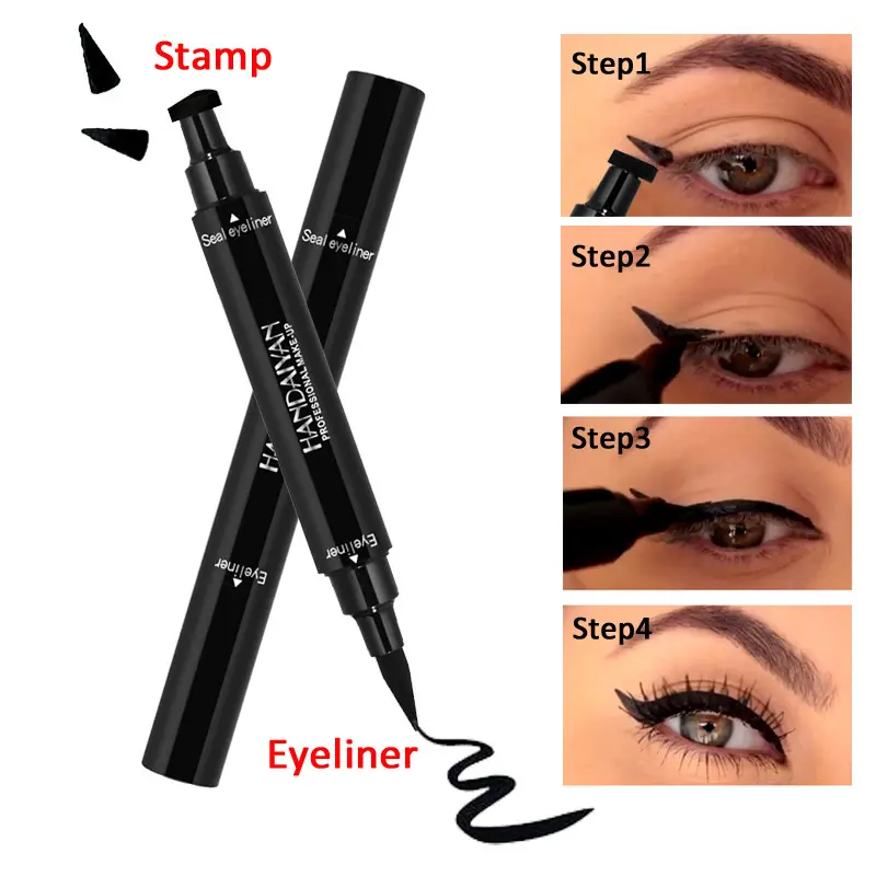 Double-Ended Winged Eyeliner Stamp, Waterproof Black Liquid Pen with Beeswax Blend, Long-Lasting & Smudge-Proof for Youth & Beginners, Sensitive, 2-In-1 Liner Pen & Stamp, Smudge‑Proof Wear