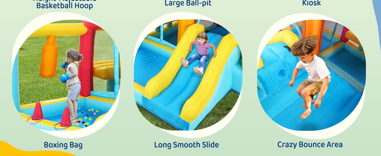 JOYMOR 9-in-1 Bounce House for Big Kids 8-12 w/Height-Adjustable Basketball Hoop, 30s Quick Inflatable Bounce House for Kids 3-6 with Blower, Portable Bag for Indoor Outdoor Party (Kiosk Theme)