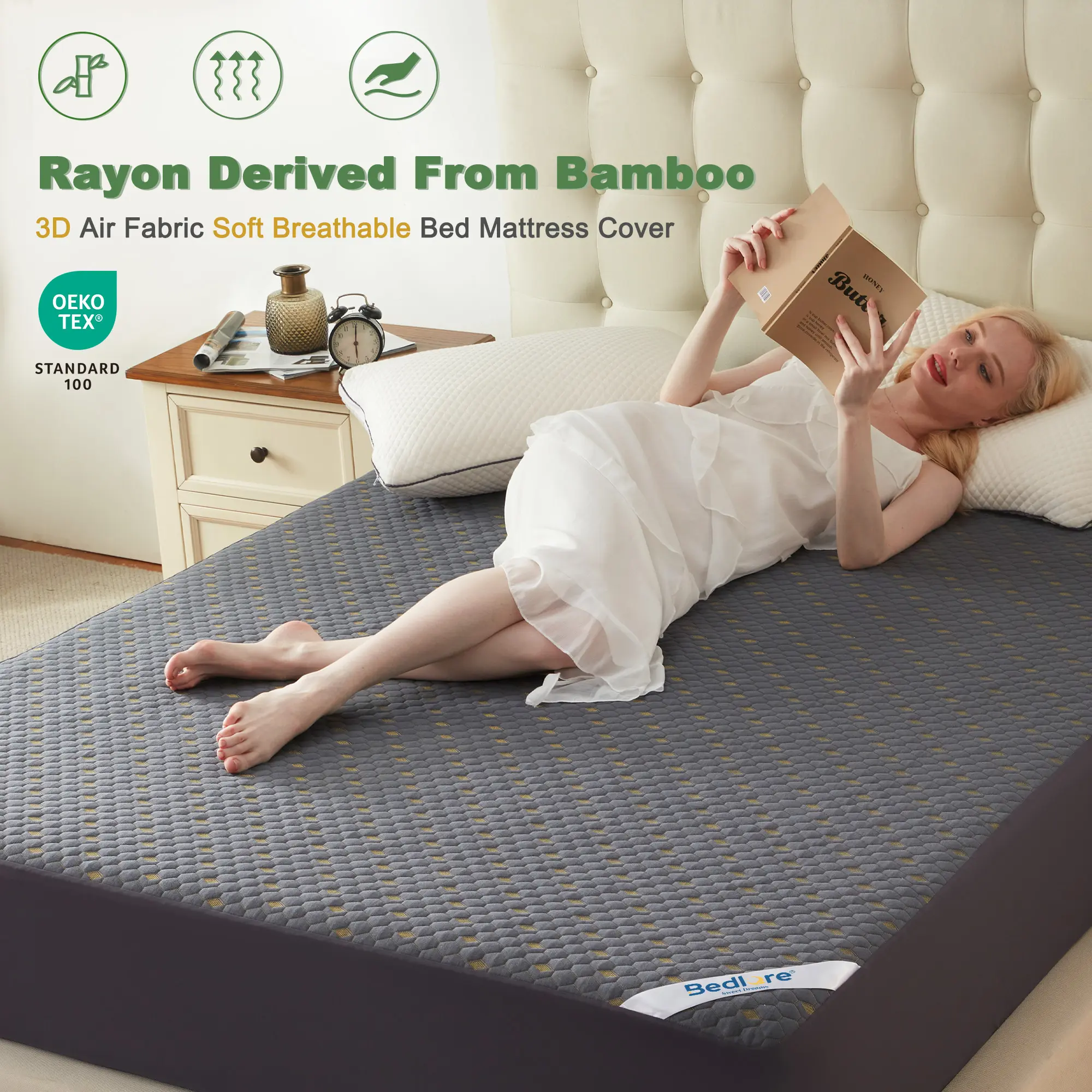【HomeEssentials】BEDLORE Honeycomb Breathable Waterproof Mattress Protector - Ultra-Soft Non-Slip Fitted Deep Pocket Sheet, Noiseless Wrinkle-Resistant Bedding Cover, Machine-Washable Easy-Care for Home, Pregnant Women, Twin XL, California King Use