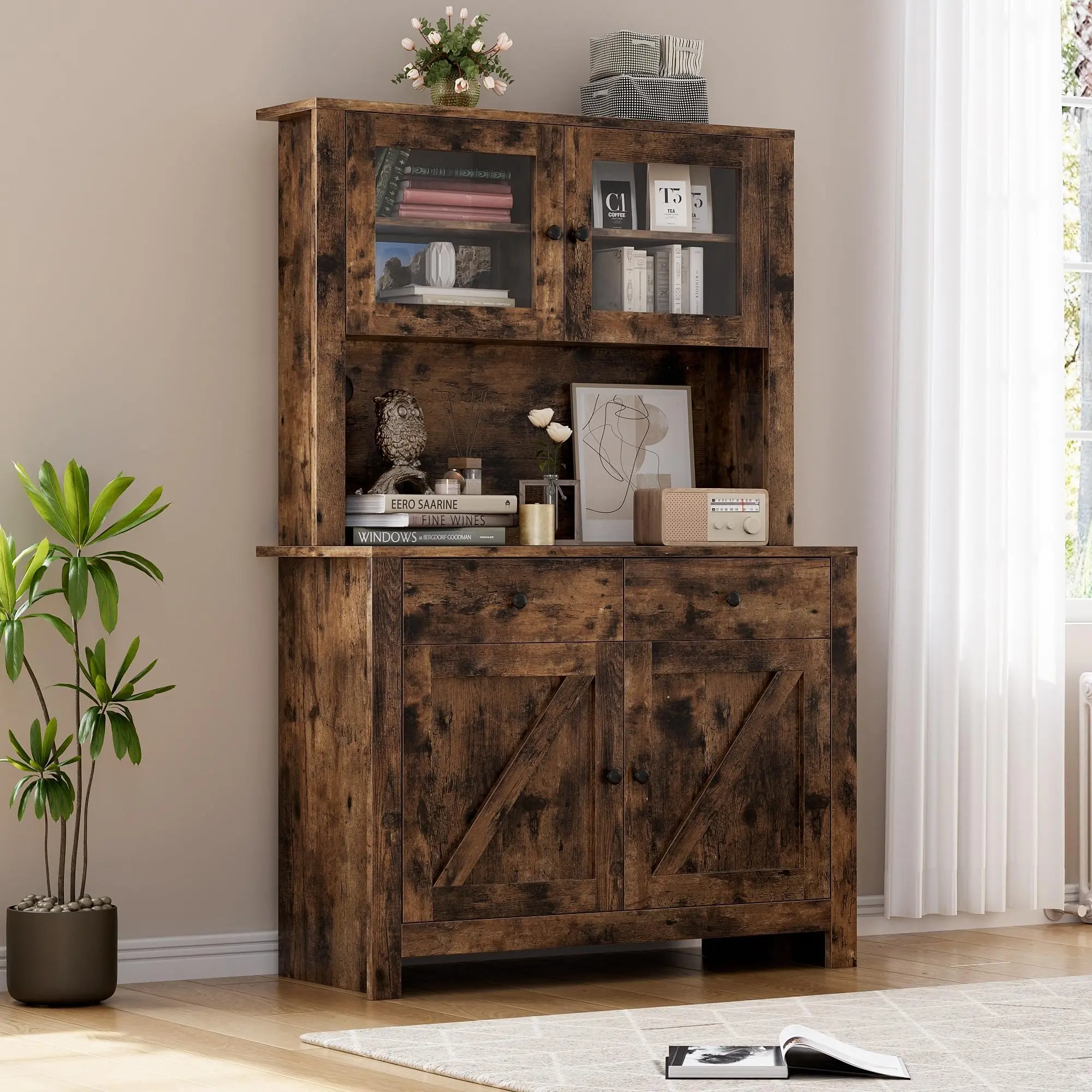 Garvee Kitchen Pantry Cabinet with Microwave Stand, Freestanding Hutch Cabinet with Buffet Cupboard, Tall Kitchen Cabinets with Adjustable Shelves for Dining Room, Brown