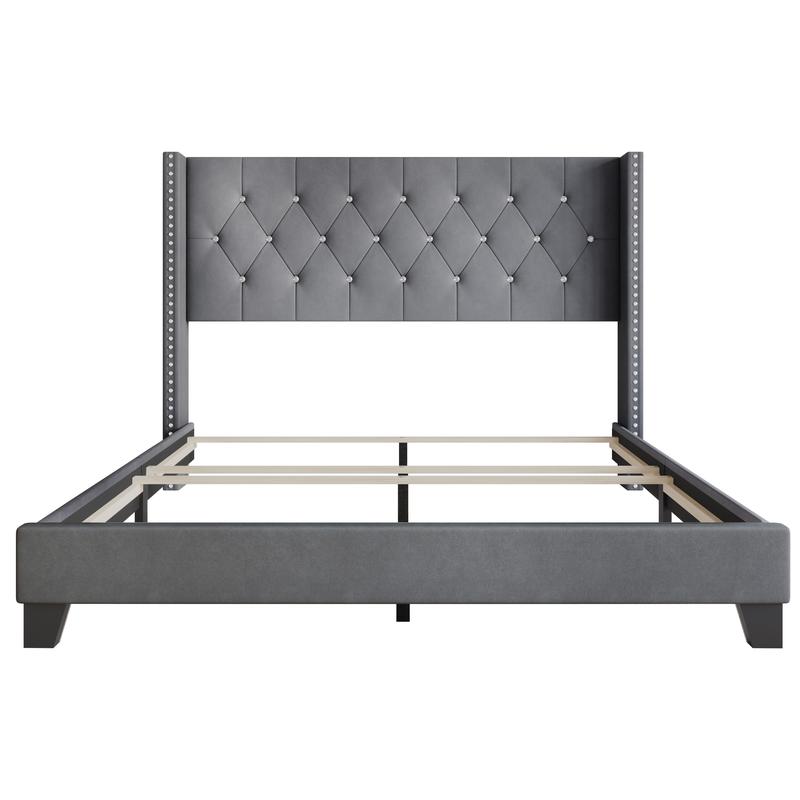 Favorer Monroe Tufted Upholstered Wingback Panel Bed Frame with Diamond Tufting and Nailhead Trim for Adult Bedroom, Box Spring Required