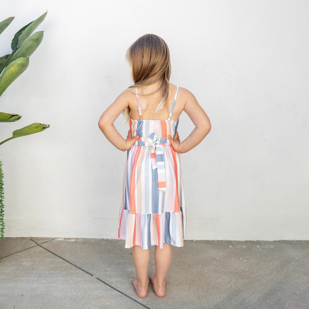 PatPat Family Matching Blue Short-sleeve Tee & Colorful Stripe Camisole Dress - Durable Breathable Fabric for Casual Outings & Vacations