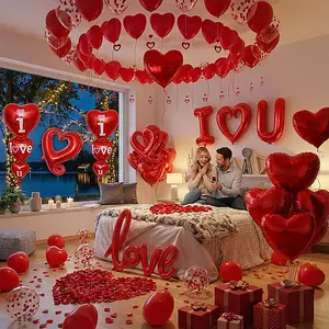 I Love You Balloons, Valentines Balloon kit with Red Romantic Heart Balloons Love Balloon Rose Petals Heart Hanging for Wedding Decor Anniversary Romantic Special Night Decorations