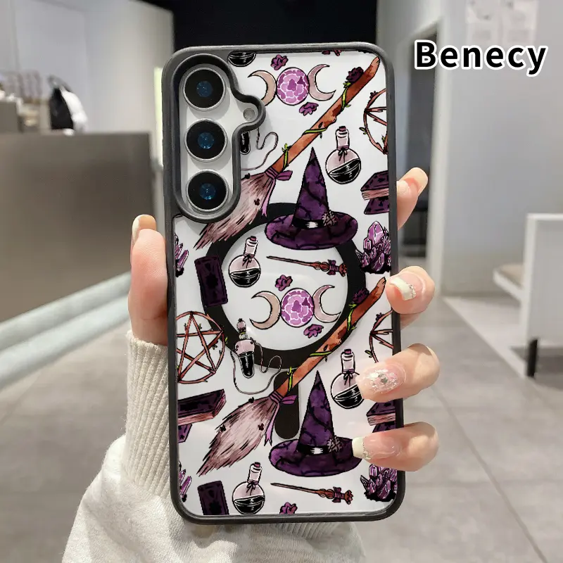 Magnetic Smartphone Case for Galaxy S22+ FE, S23 Ultra, S24 Plus, S25 - Witchy Magic Icons Pattern, Acrylic Back, Matte TPU Edges, Anti-Fall, Ultra Thin Handheld Cellphone Protection Cover for Girls’ Devices, Wireless, Casing