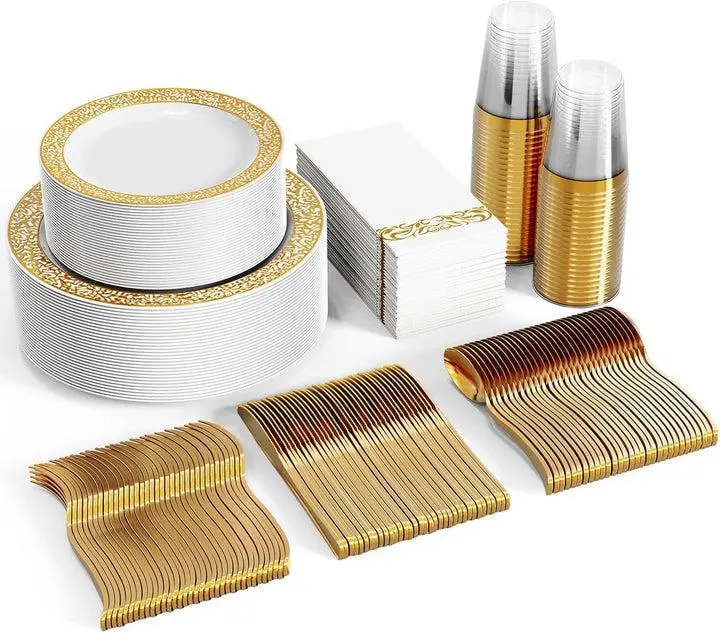 350pc Disposable Plates and Tableware Set Gold/Silver/Black/White/Rose  : Dinner Plates,Dessert Plates,Cups,Napkins,Knife,Forks,Fpoons-Perfect for Luxury Party Reusable | BPA Free Dinnerware Service Set Porcelain Dinnerware Set, Plastic, Disposable Set