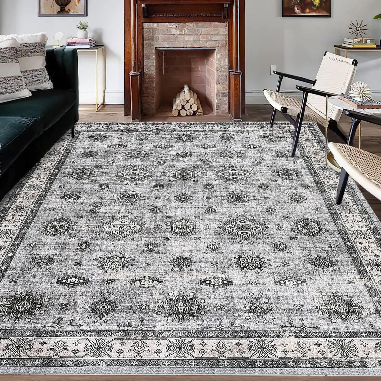 GARVEE 4x6ft Vintage Area Rug in Gray Tone - Washable, Stain Resistant, Traditional Distressed Style with Retro Floral Print, Foldable Thin Accent Rug, Non-Slip for Living Room, Dining Room, Office