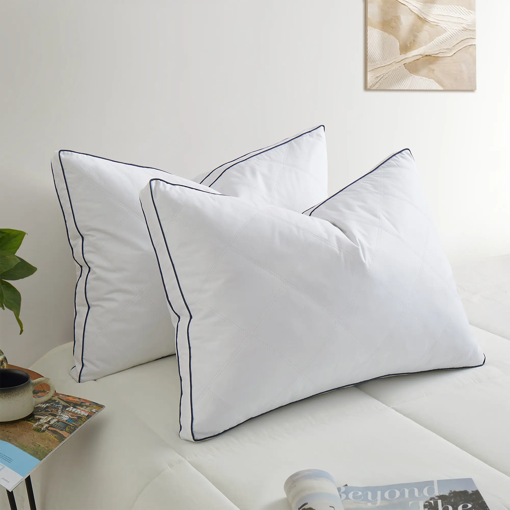 PEACENEST 2-Pack 100% Goose Feather Pillows, 1.5-in Gusset, Soft Comfortable Bedding for Side and Back Sleepers