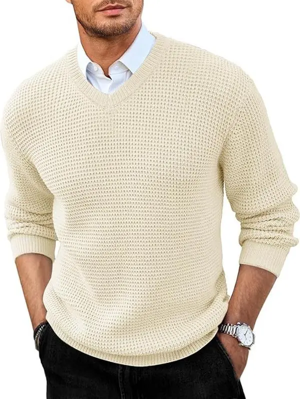 Runcati Mens V Neck Sweater Casual Waffle Knitted Pullover Slim Fit Fall Winter Basic Warm Sweaters