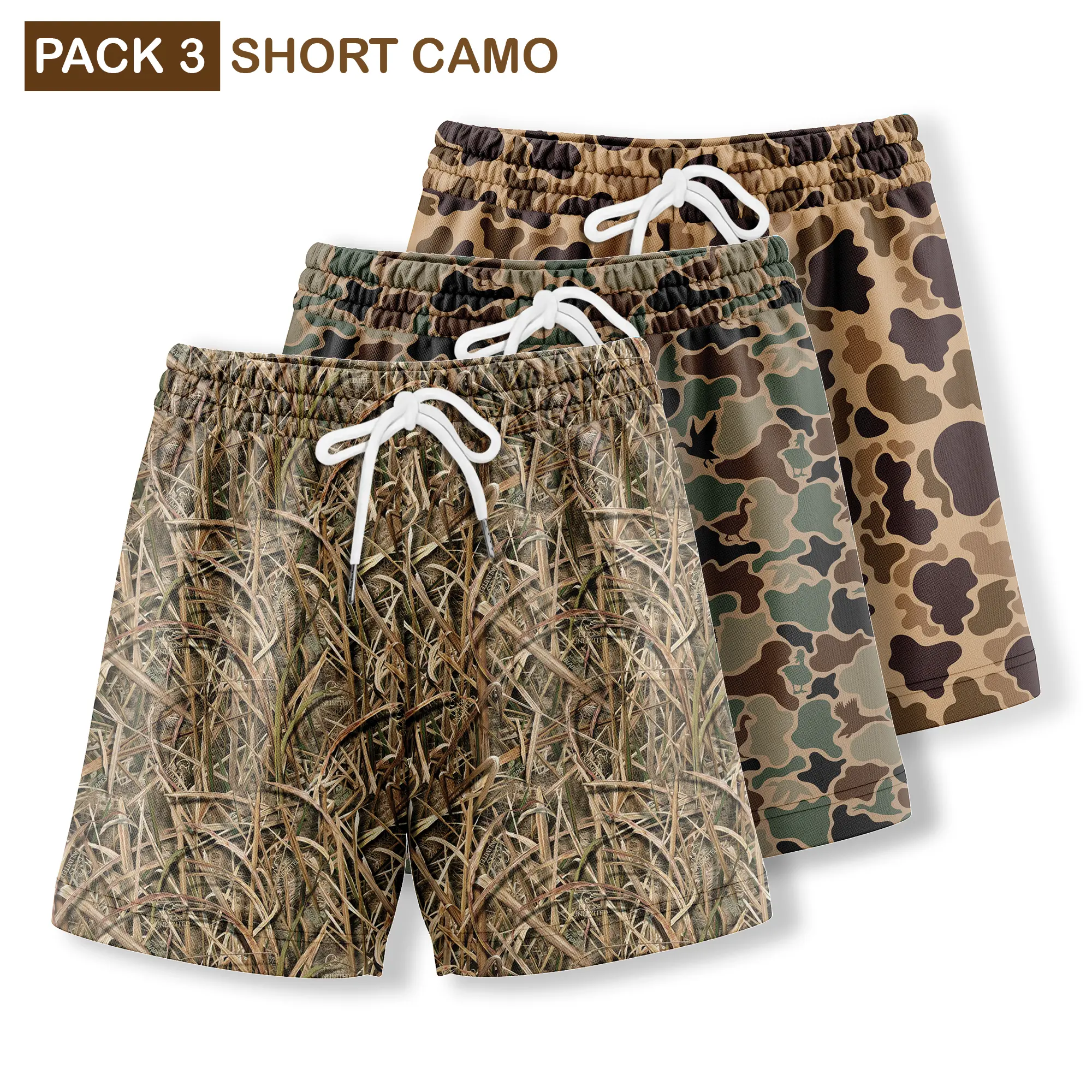 Pack 3  Duck Hunting Camo Shorts With 5 Inch Inseam, Perfect for Men & Women At the Gym, Basketball Camo Mesh Short, Gift for him, Gift For Her, Gym Gift