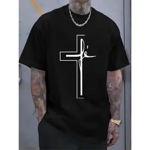 Cotton Short Sleeve  T-Shirt Men'S Summer Casual Sports T-Shirt with Religious Cross Print,  Crew Neck, Short Sleeve, Geometric Pattern,Slight Stretch, Loose Fit, Streetwear  Graphic tees Crewneck Top