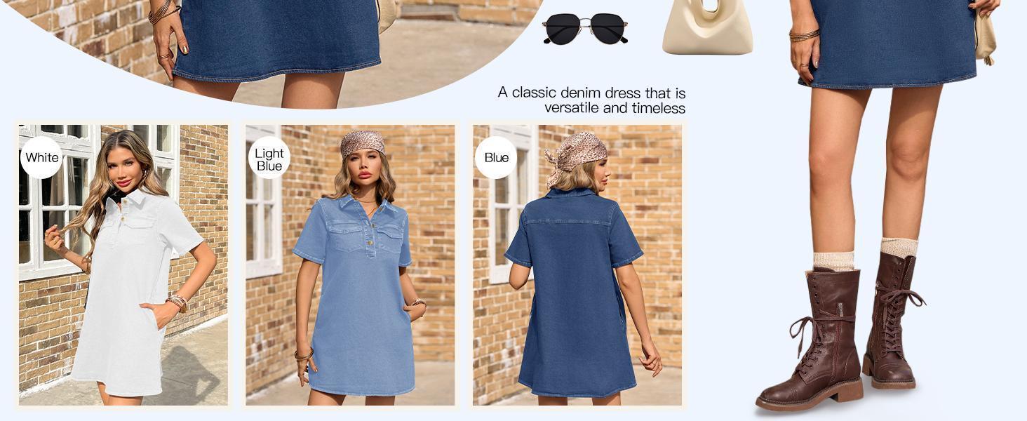 Imily Bela Women's Short Sleeve Denim Dress Button Down Collared Loose Fit Summer Casual Jean Shirt Mini Dresses