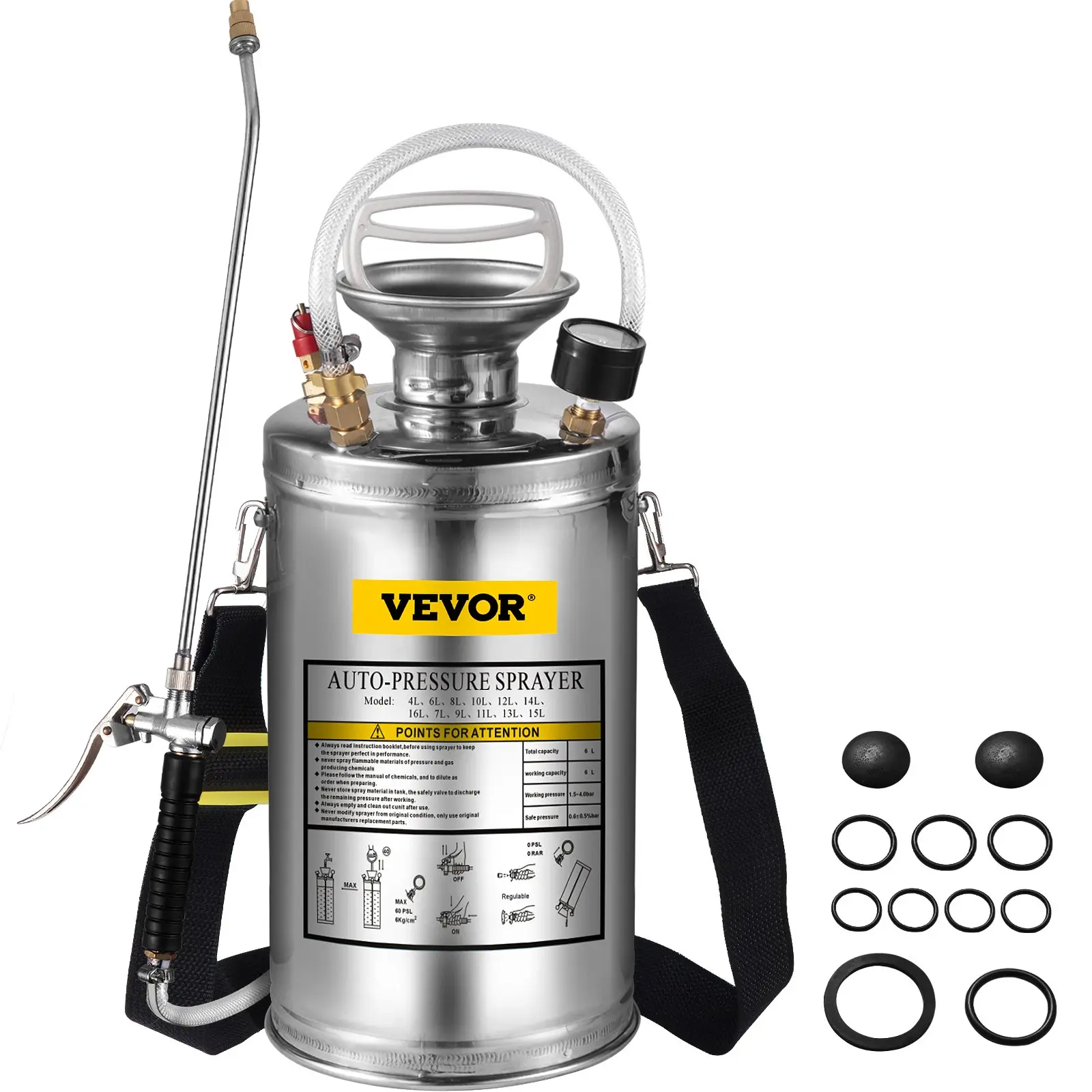 【Summerfinds】VEVOR Stainless Steel High Pressure Hand Pump SprayerSet with WandHandle & Reinforced HosePressure GaugeSafety Valve & Adjustable NozzleIdeal for Gardening & SanitizingHigh Pressure Spray, High Pressure Spray